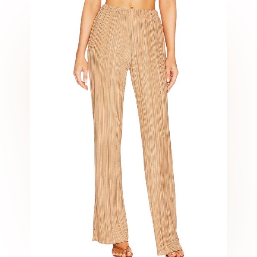 Wayf Tan Plisse Flowy Pants with Pockets